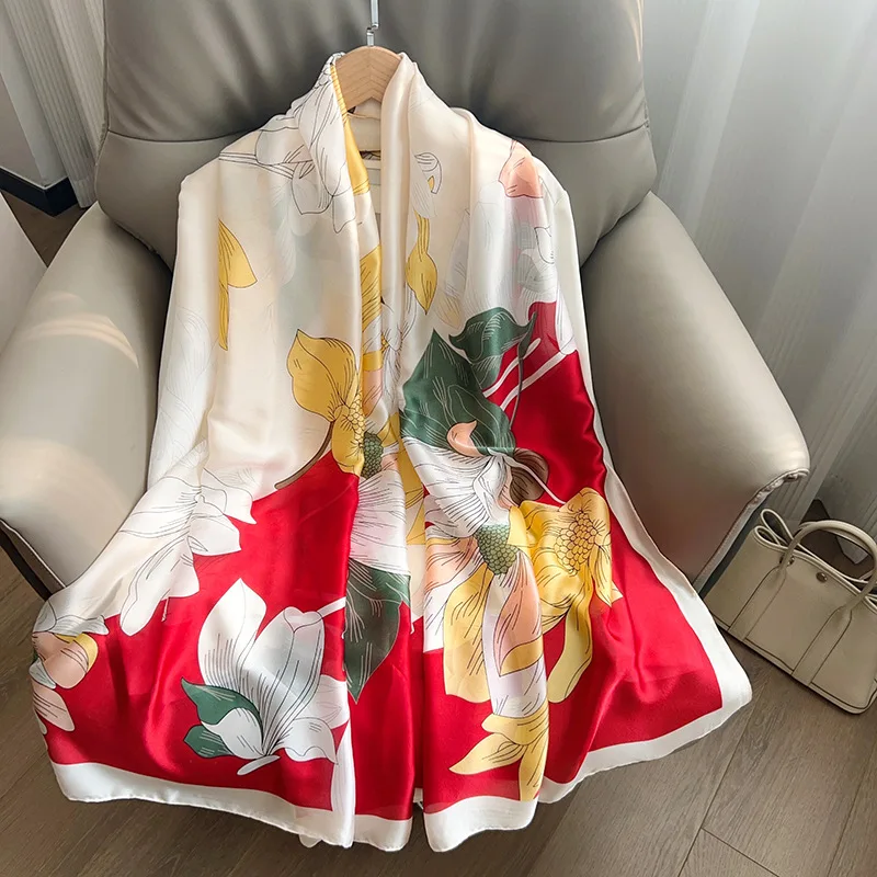 Spring New Magnolia Printed Pattern Silk 180*90cm Long Scarf for Women Elegant Simple Sunscreen Beach Chiffon Satin  Shawl