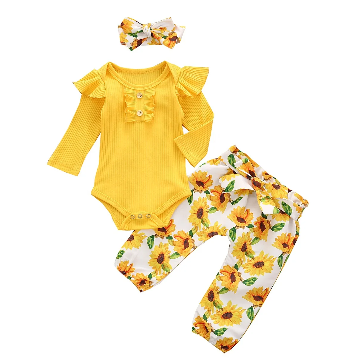 

Wholesale boutique baby clothes 100% cotton long sleeve baby romper set with pants and bow, Picture shows