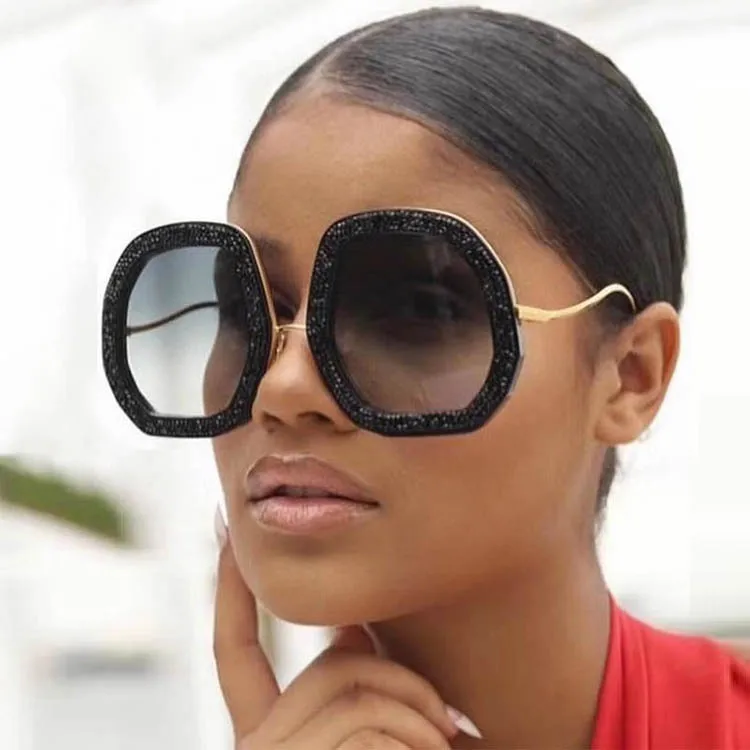 

2215 Custom Luxury Oversized Sunglasses Women Designer Retro Black Shades Sunglasses Fashion Shiny Polygonal Sun Glasses