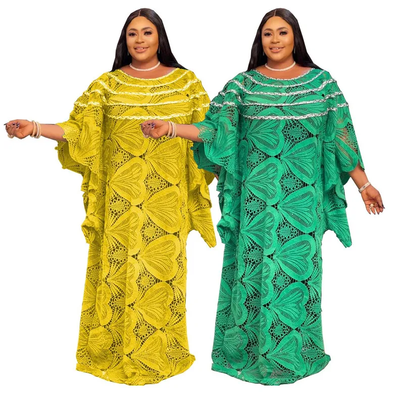 

African Dresses For Women Guipure Lace Water Soluble Fabric 2021 Embroidery Muslim Fashion Dashiki Abaya Dubai Boubou Dress, Picture shown