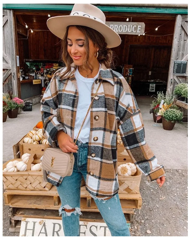 

Yingchao 2021 Hot Latest Wholesale Trendy Winter Loose Plaid Blouse Tops Women Long Sleeve Coat Jackets For Ladies Daily Wear