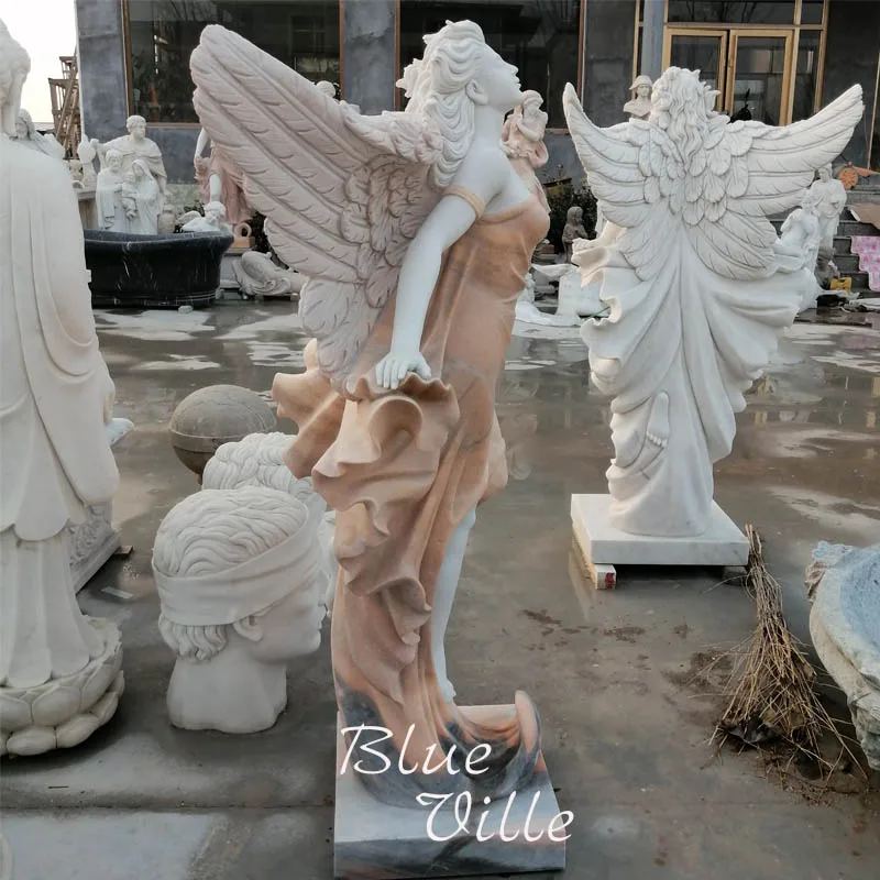 Outdoor Decorative Marble Life Size Female Angel Garden Statues Natural
