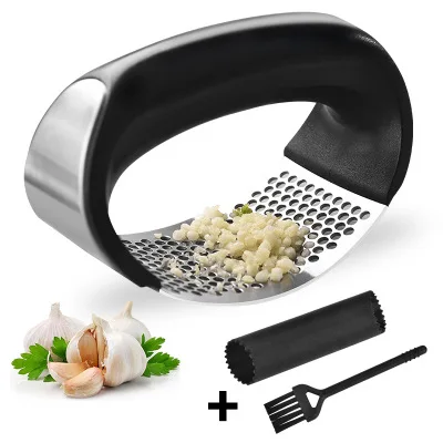 

3 Piece Stainless Steel Manual Presser Curved Garlic Press Kitchen Gadgets Cleaning Brush Silicone Skin Remover, Black