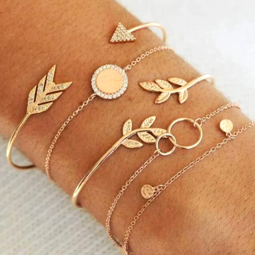 

Amazon New Alloy Bracelet Set Gold Plated Rhinestone Arrow Leaf Metal Jewelry Bracelet