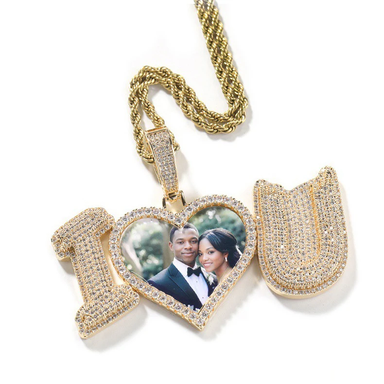 Customized Wedding Anniversary Gift Personalized Rose Gold Heart Studded 'I Love U' Photo Picture Pendants Custom Iced CZ Zircon