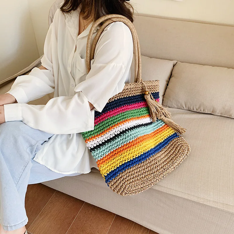 

Large-capacity beach bag women's summer popular new straw woven colorful shoulder bag