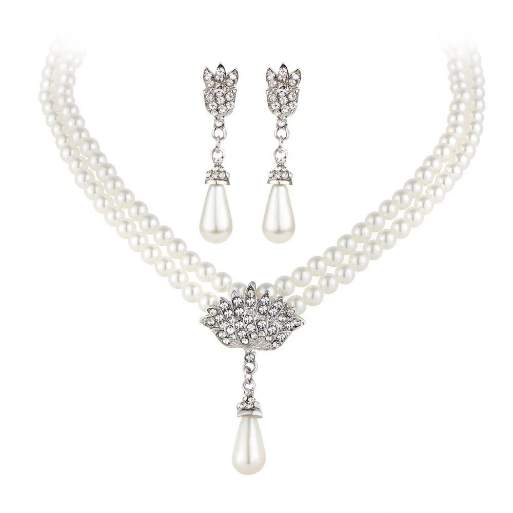 

Graceful Imitation Rhodium Plated Double Strands Artificial Pearl Beads Chain Crystal Paved Peacock Bridal Pearl Jewellery Set, 2 colors