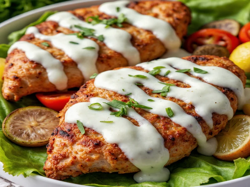Tzatziki sauce drizzled over grilled chicken and vegetables