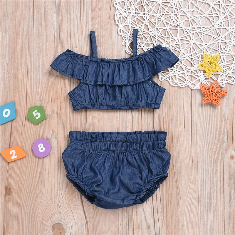 

0-24 months Newborn Baby Girls Clothes Sling Tops + PP Pants denim Summer Outfit Clothes Set, As image shown