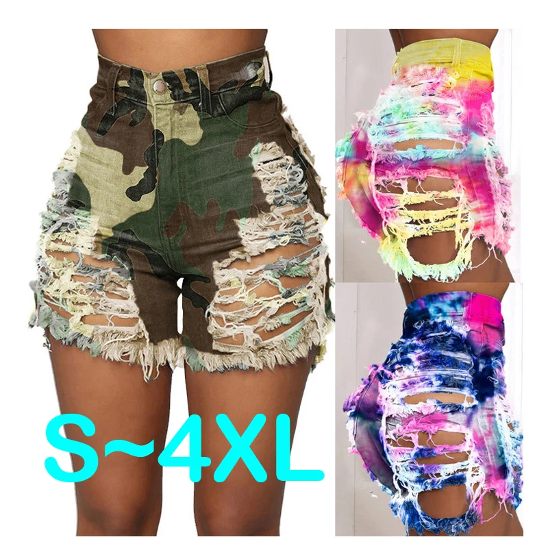 

2021 New Fashion Summer Sexy Cut Out Button Printed Tie Dyed Denim Shorts Plus Size Ripped Womens Denim Jeans Shorts