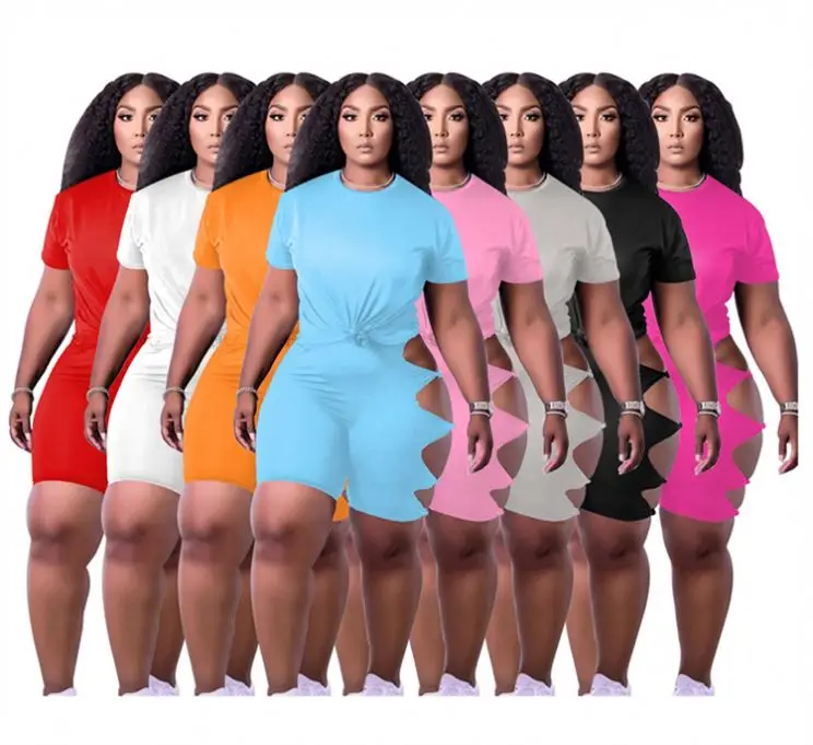 

ONLY Amazon 2021 Short Sleeve Solid Color Hollow Out 2 Piece Set Women Clothing Short Sets