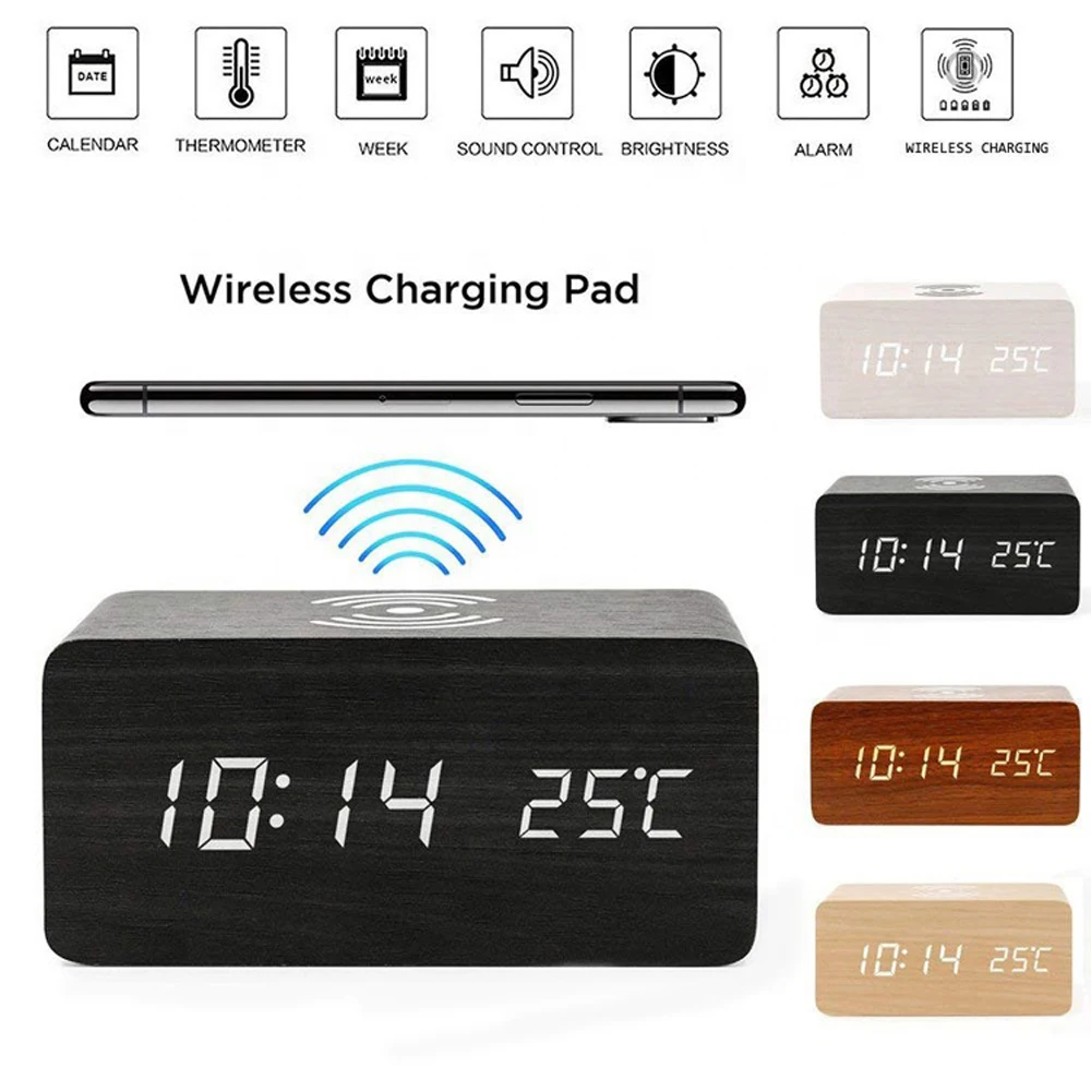 Best Bedside Qi Standard Wireless Phone Charger Wood Alarm Clock,Qi