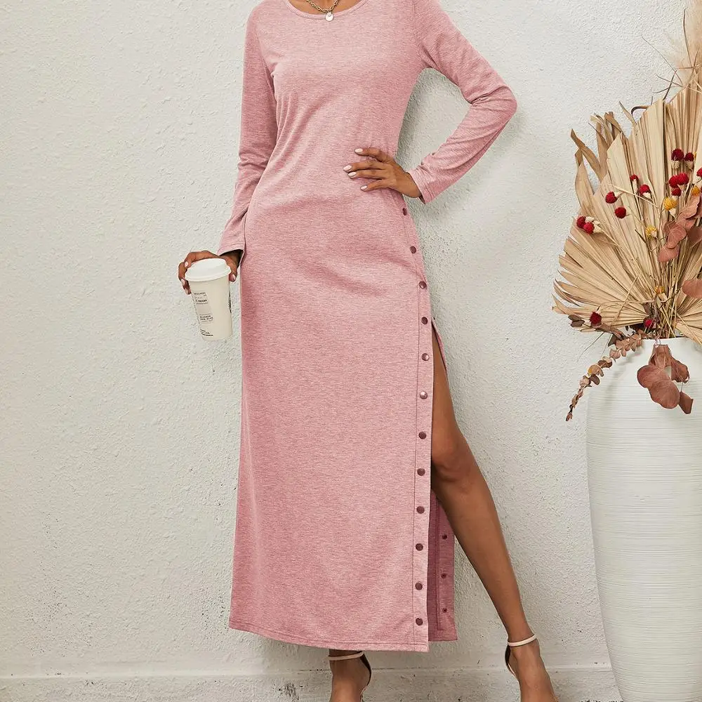 

Women Midi Dress Button Slit Dress O Neck Fashion Long Sleeve Casual 2021 Spring Autumn Maxi Standard Loose Printed Simple Solid