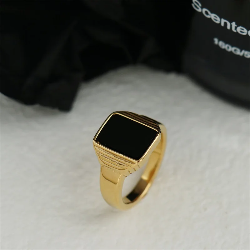 

Trendy Tarnish Free Stainless Steel Jewelry Waterproof 18k Plated Gold Rings Square Black Signet Ring For Women