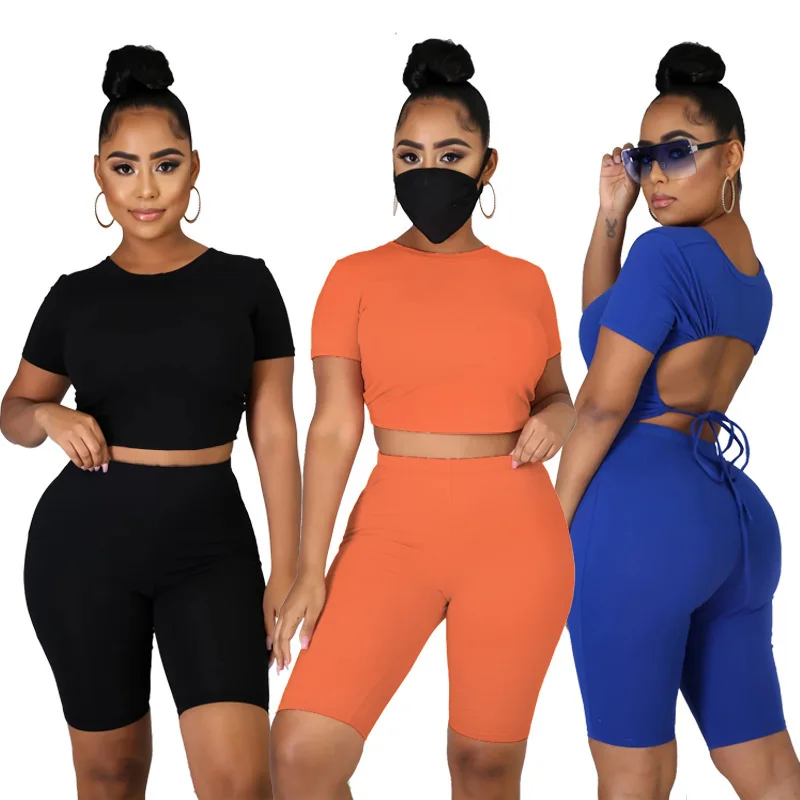 

New women's hot style pure color pleated short sleeved shorts back home fashion set