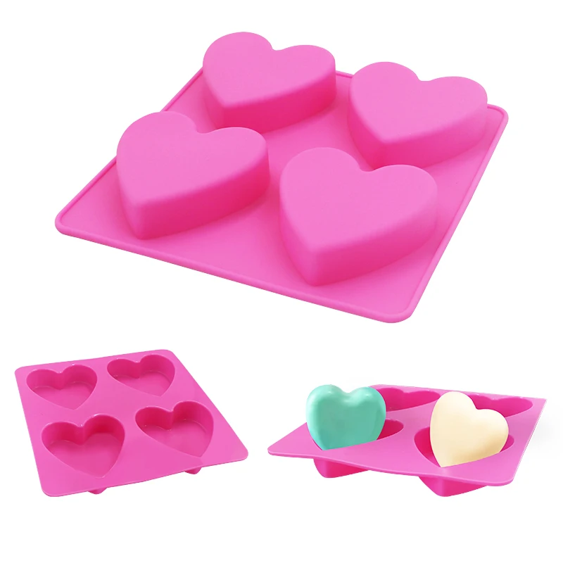 

High Temperature Resistance 4 Cavity Love Shape 3D Handmade Silicone Soap Mold For Making Cake Soap Jelly Pudding Mold, Pink
