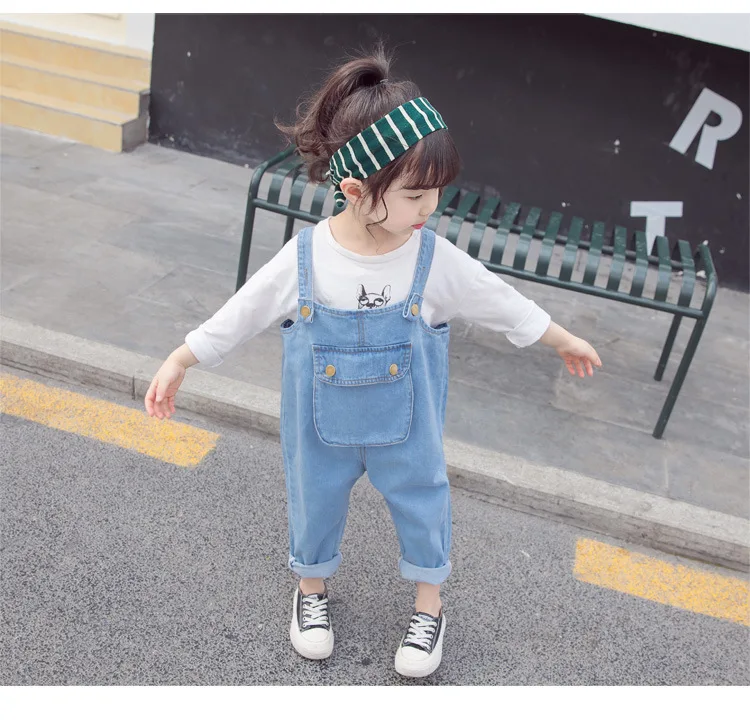 

Girls' pants 2020 spring and autumn new Korean children's small wings denim Overalls pants baby fashion cute trousers, Blue