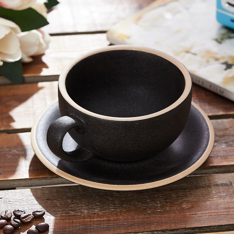 

350ml Matte Black Latte ceramic coffee cup with Saucer for Cafe