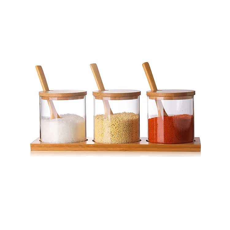 

Hand Blown Clear Pyrex Borosilicate Glass Condiment Canisters Pots Jars with Wooden and Base, Transparent