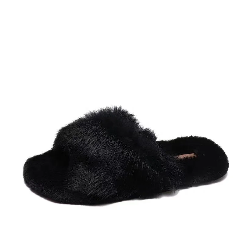 

2021New Korean net red non-slip furry Slippers indoor Fluffy fur Sandals outdoo, Black