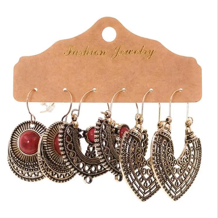 

2021 Vintage Ethnic Alloy Drop for Woman Boho Geometry Fanshaped Hanging Earrings set Female Fashion Jewelry Accessories