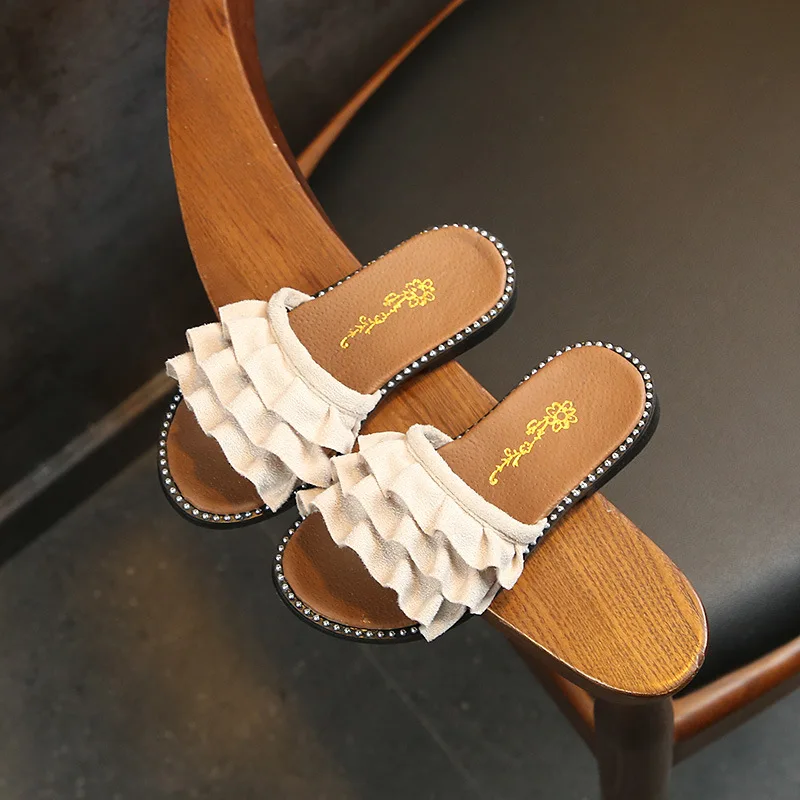 

Fashionable Design Girls Princess Slippers Suede Upper Decorative Border Soft Slippers, Black pink beige