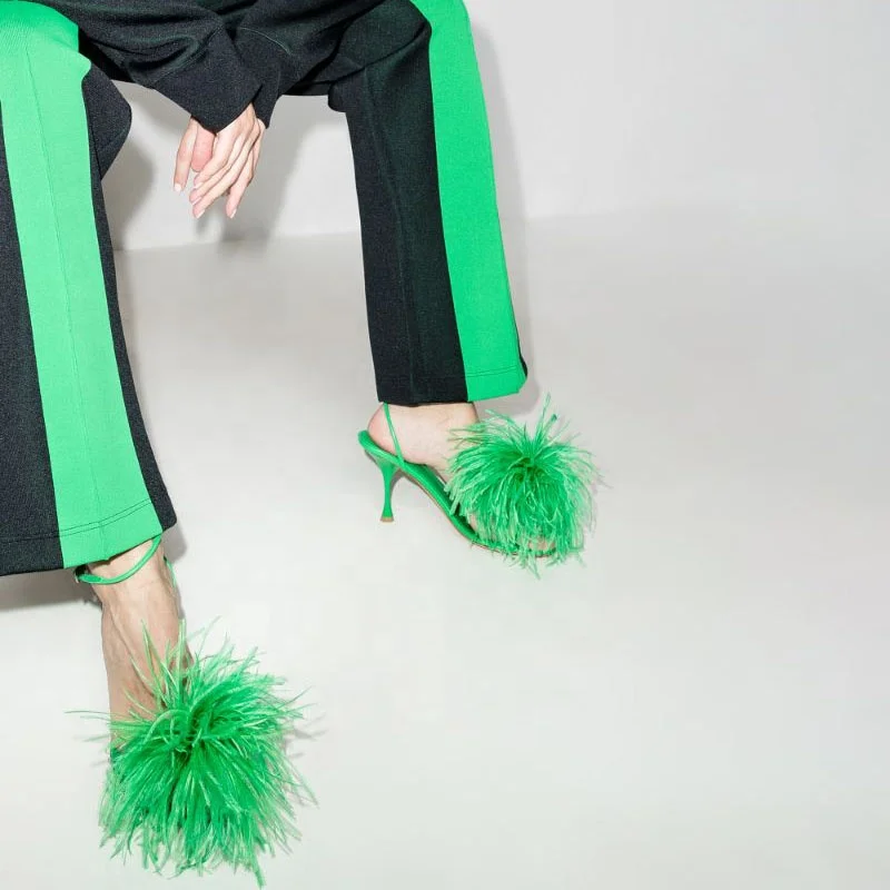 

Summer Fashion Trend Luxurious Brand Grass-Green Dot Feather Flared High Heels and Round Toe Handmade Sandals for Women Footwear