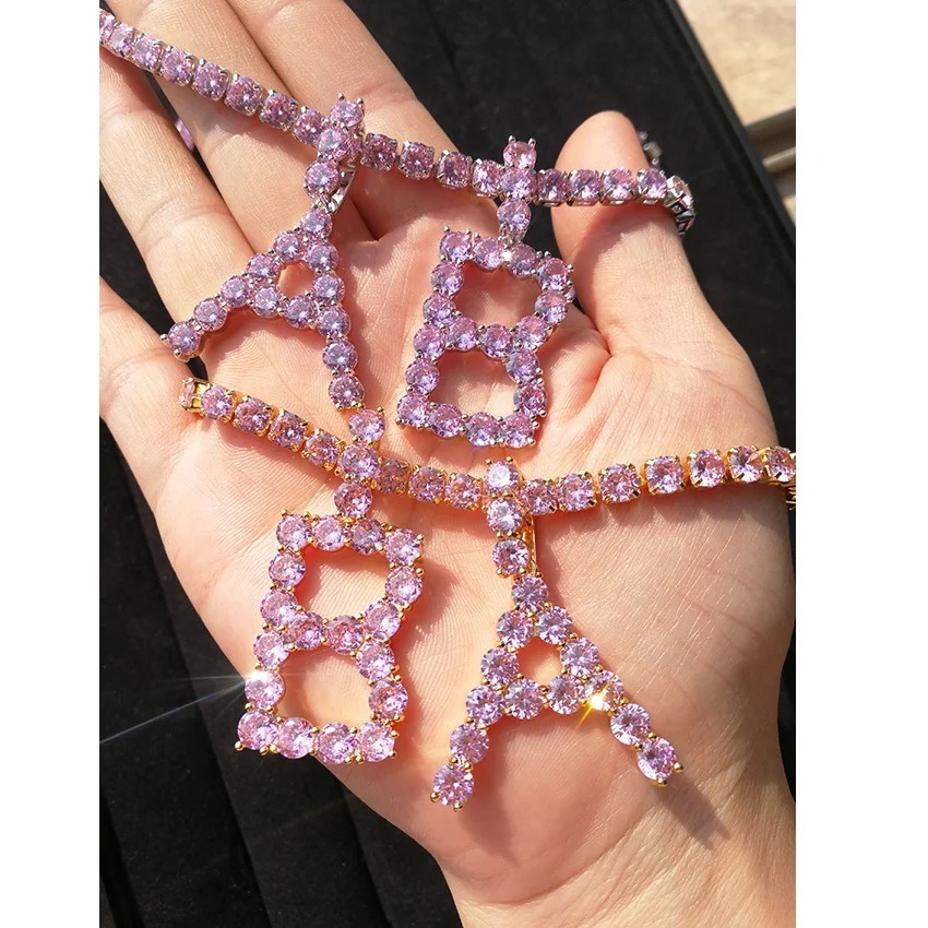 women fashion jewelry necklace pink hip-hop tennis letter diamond chains