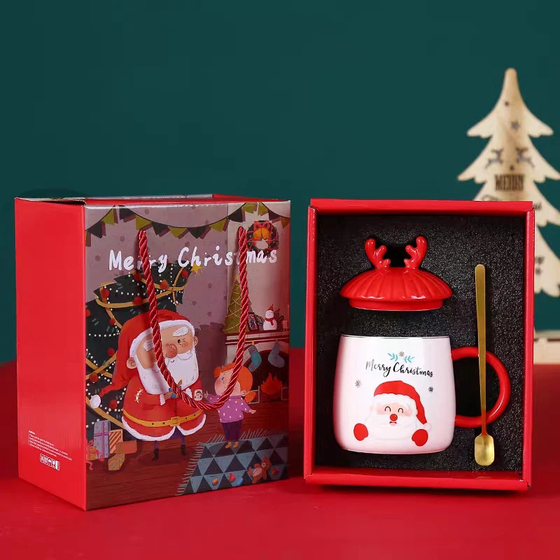 

Ceramic Christmas Mug, Wholesale 420Ml Christmas Cups Mug With Spoon&Lid Color Box For Present, White+red