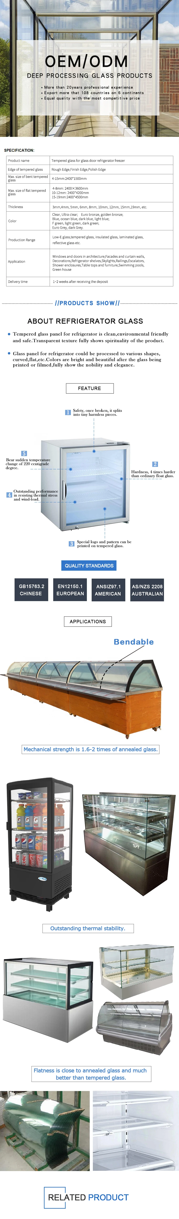 Tempered Toughened Glass Door Used On Refrigerator Display Cooler Showcase Freezer Sliding Door