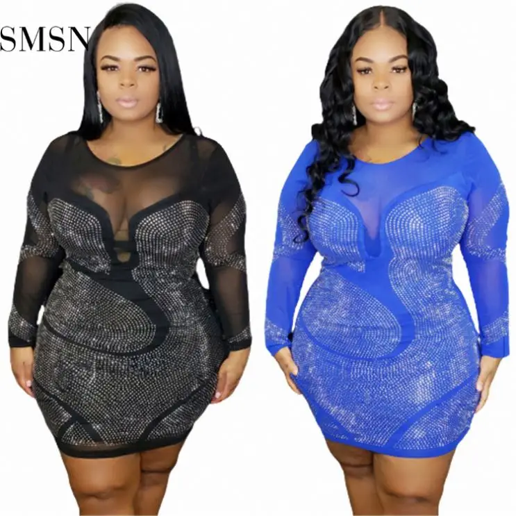

Good Quality 2021 Autumn Plus Size Dress Sexy Tulle Patchwork Rhinestone Design Club Wear Party Dress