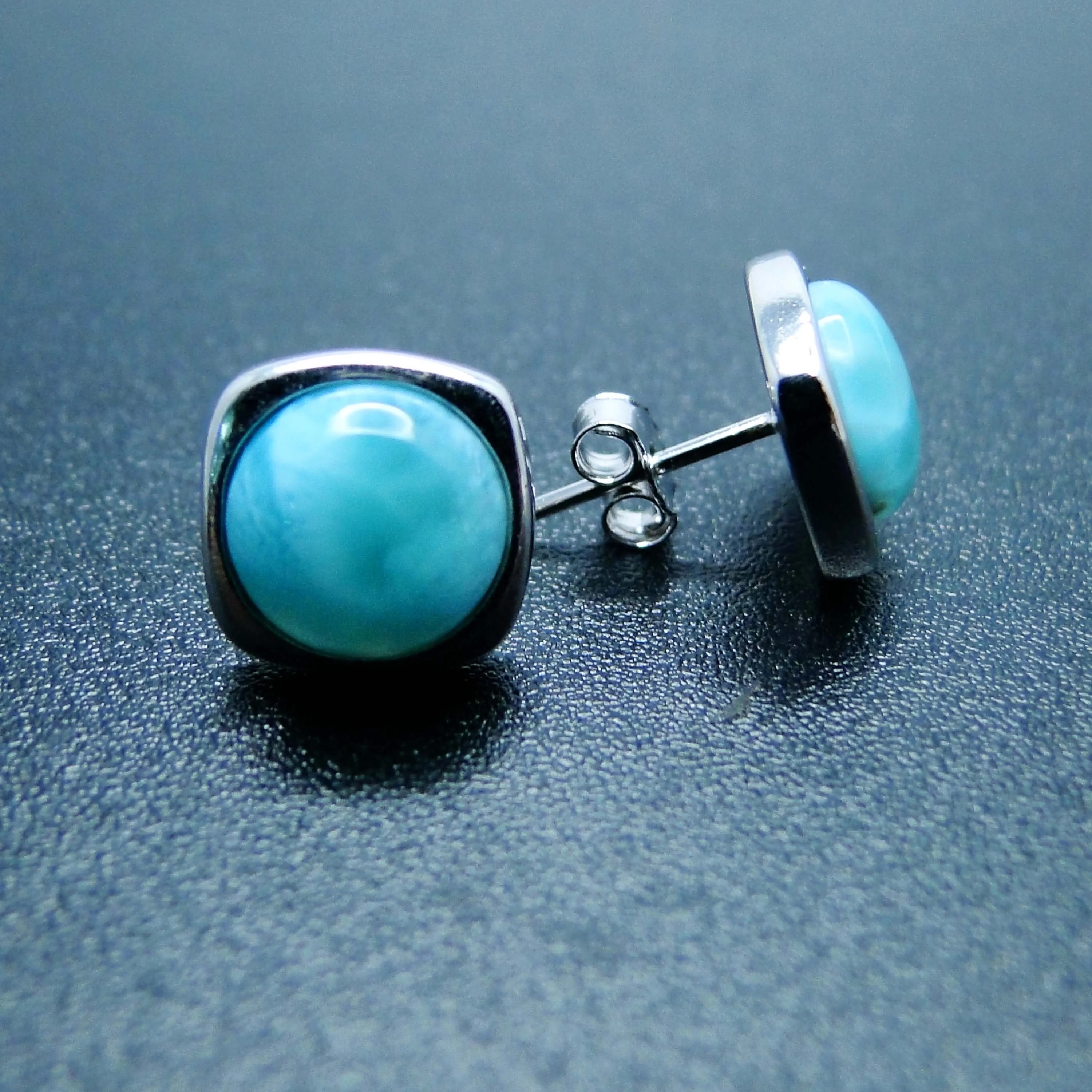 

High Quality Cushion Cut Blue Larimar Sterling Silver Stud Earrings