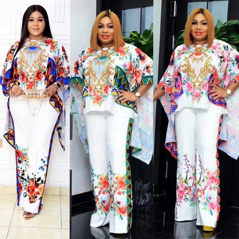 

New African Plus Size Ladies Clothing Loose Print Stitching Bat Sleeve Two Piece Sets Plus Size Women Clothing 2021