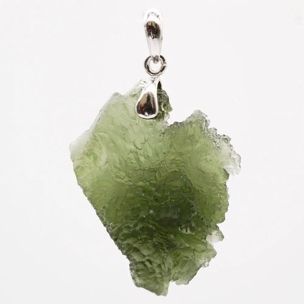 

925 Silver Real Genuine Green Moldavite from Czech Pendant, Rhodium plated