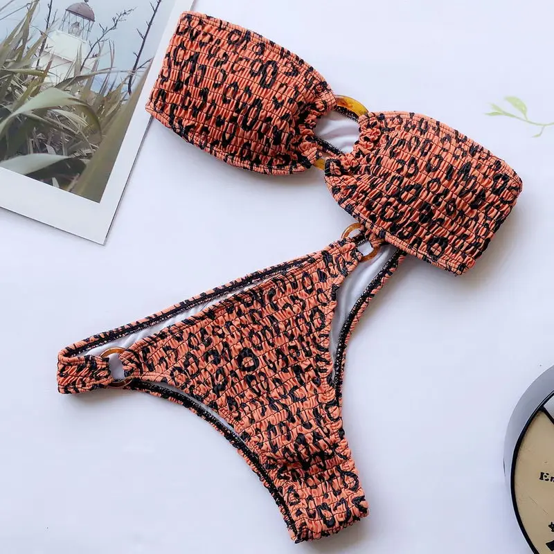 

2020 New Swimwear Hot Sale Leopard Print Foreign Trade Bandeau Swimwear Fold Split Two Pieces Bikini, As picture