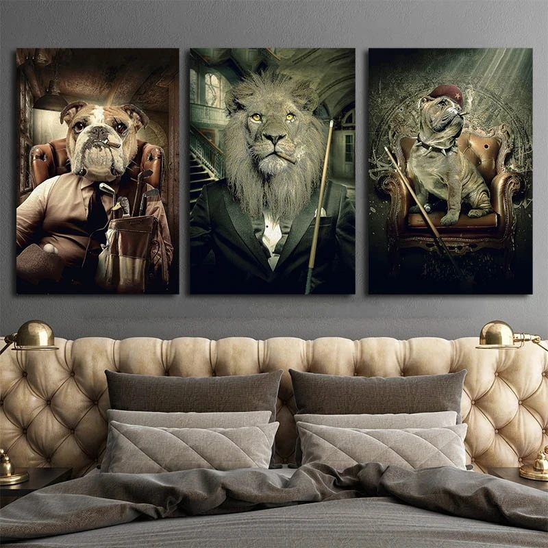 

Gentle Animals Playing Billiards Canvas Paintings on The Wall Art Posters and Prints Lion In A Suit Wall Cuadros Home Decor