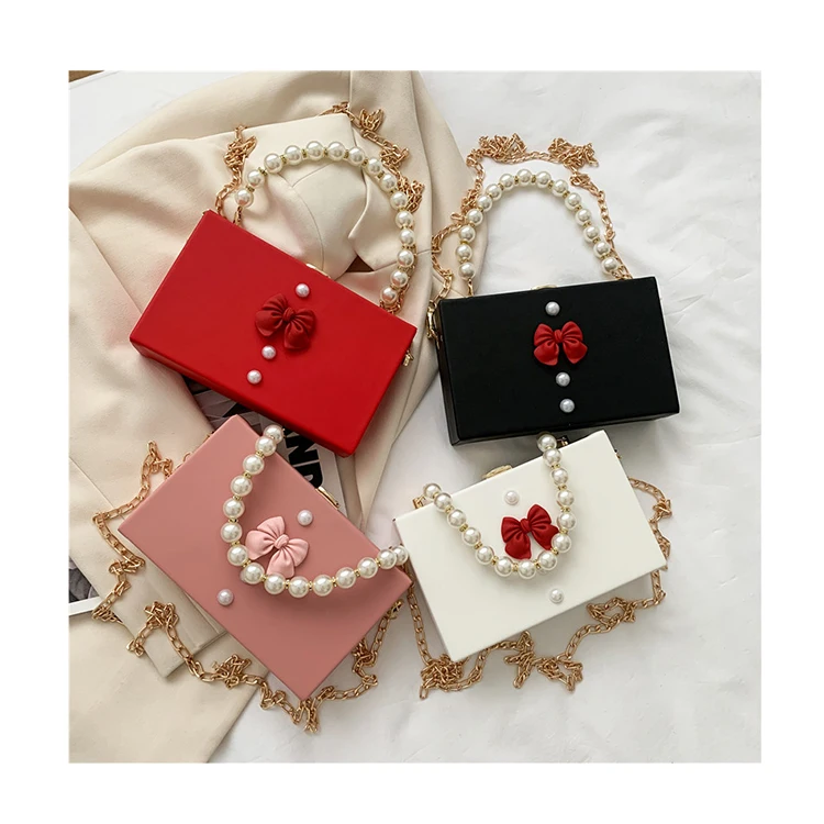 

Cute Girls Mini Bow Box Hand Bags Trendy Pearl Beaded Chain Messenger Bag Luxury Small Square Bag Women Handbags Lipstick Purses