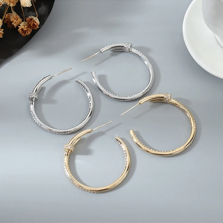 

Simple Real 14K Gold Plated Rhinestone Crystal Hoop Earrings CZ Cubic Zirconia C Shape Hoop Earring