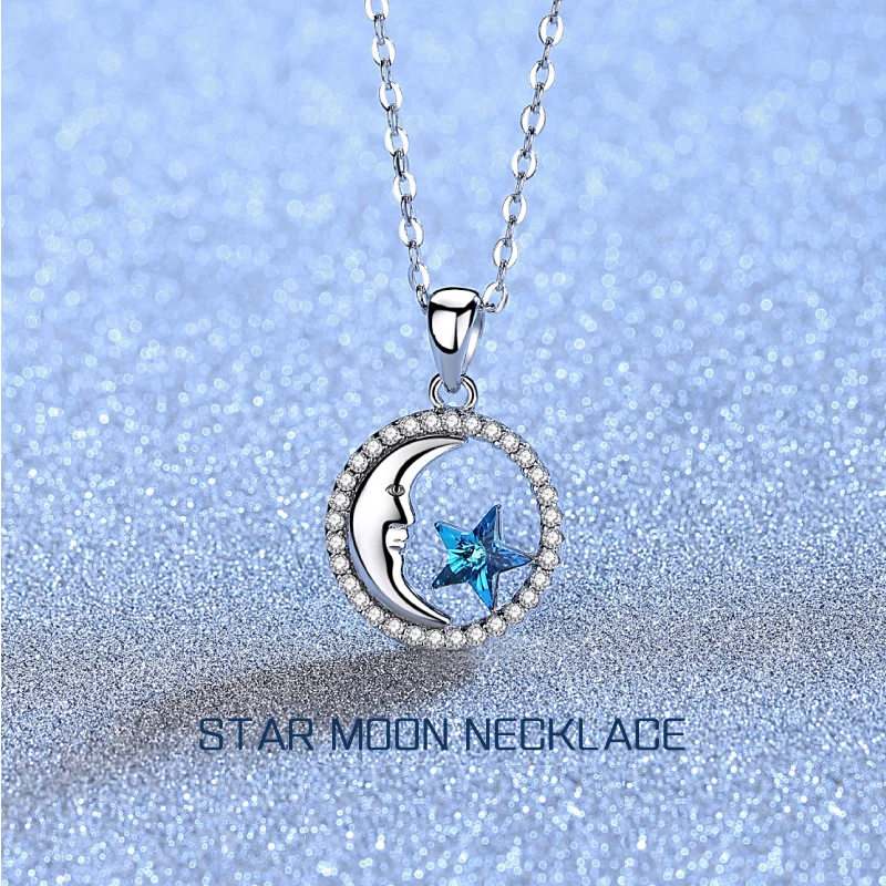 

RINNTIN SWN15 Stone Necklace Crystal Jewelry 925 Sterling Silver Star Moon Necklace for Women