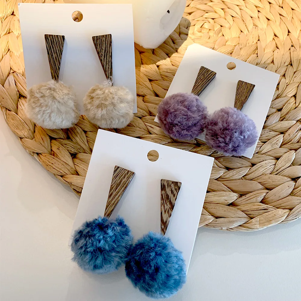 

Attractive 925 Sterling Silver Wooden Rabbit Fur Ball Earrings For Women