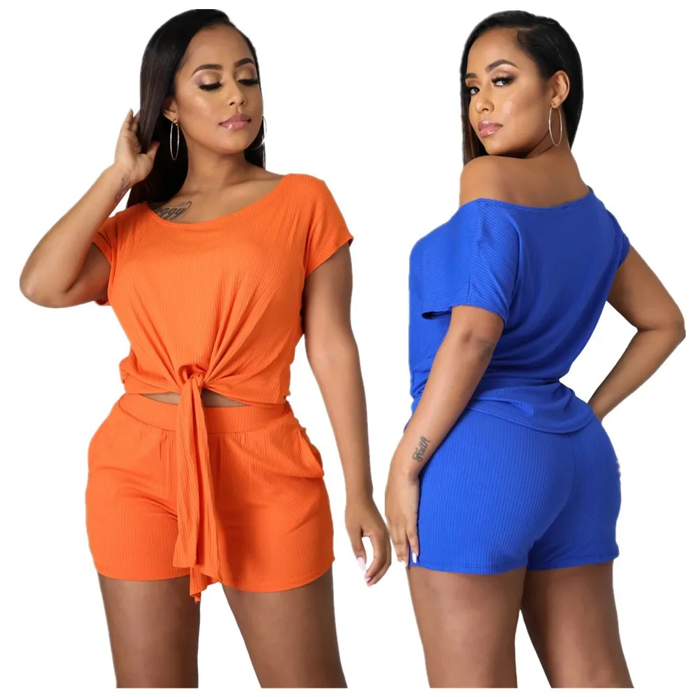 

B64273A Europe and the United States new round neckline short-sleeved fashion summer cheap two sets, Orange/blue