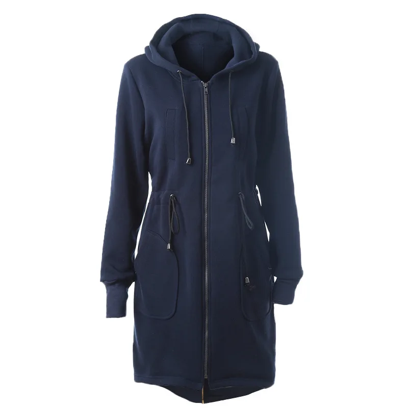 

Draw Rope Waist Hood Zipper Long-sleeved In The Long-style Jacket Woman Coat