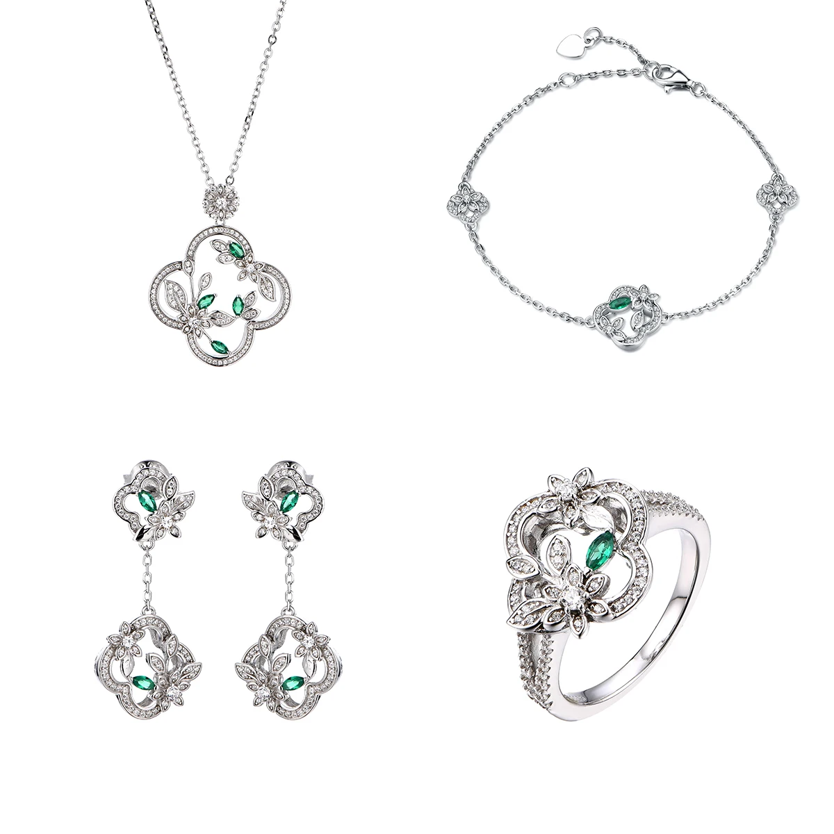 Wholesale Fine Jewelry Set  Lab Created Nano Gemstone 925 Silver Necklace Earrings Bracelet Rings St.Patrick's Day Gift
