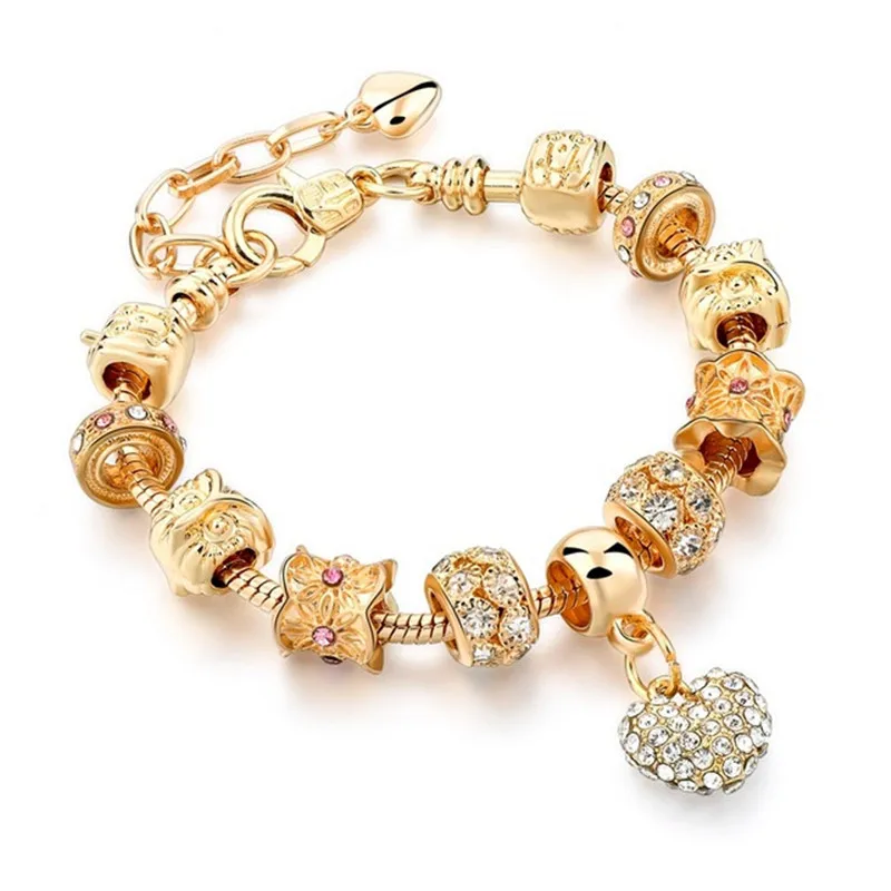 

European Gold Plated Snake Chain Heart Beaded Bracelet Crystal I Love You Beads Charm Bracelet For Girls