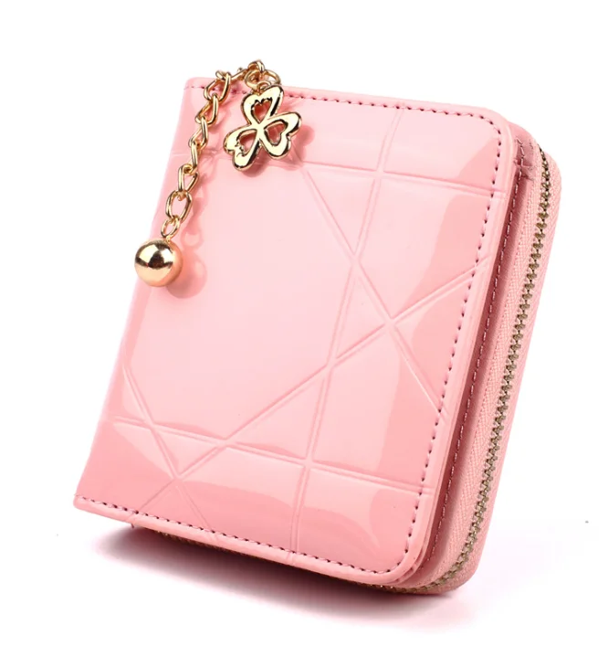 

Short ladies zipper small coin purse patent leather hand bag