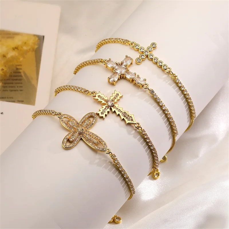 

Fashion Jewelry Zircon Cross Bracelet 18K Gold Plated Premium Party Charm Religious Bracelet Custom Design Jewelry