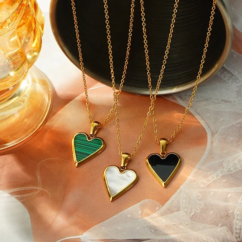 18K Gold Plated Stainless Steel Heart Jewelry Malachite White Mother of Shell Heart Pendant Necklace