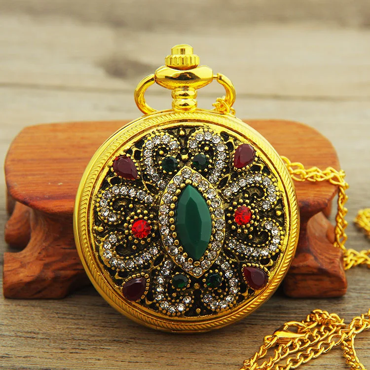 
Custom Brand Your Own Necklace Quartz Pocket Watches Flip Unisex Retro Red Diamond Pocket Watch Fashion Quartz Pocket Watch 
