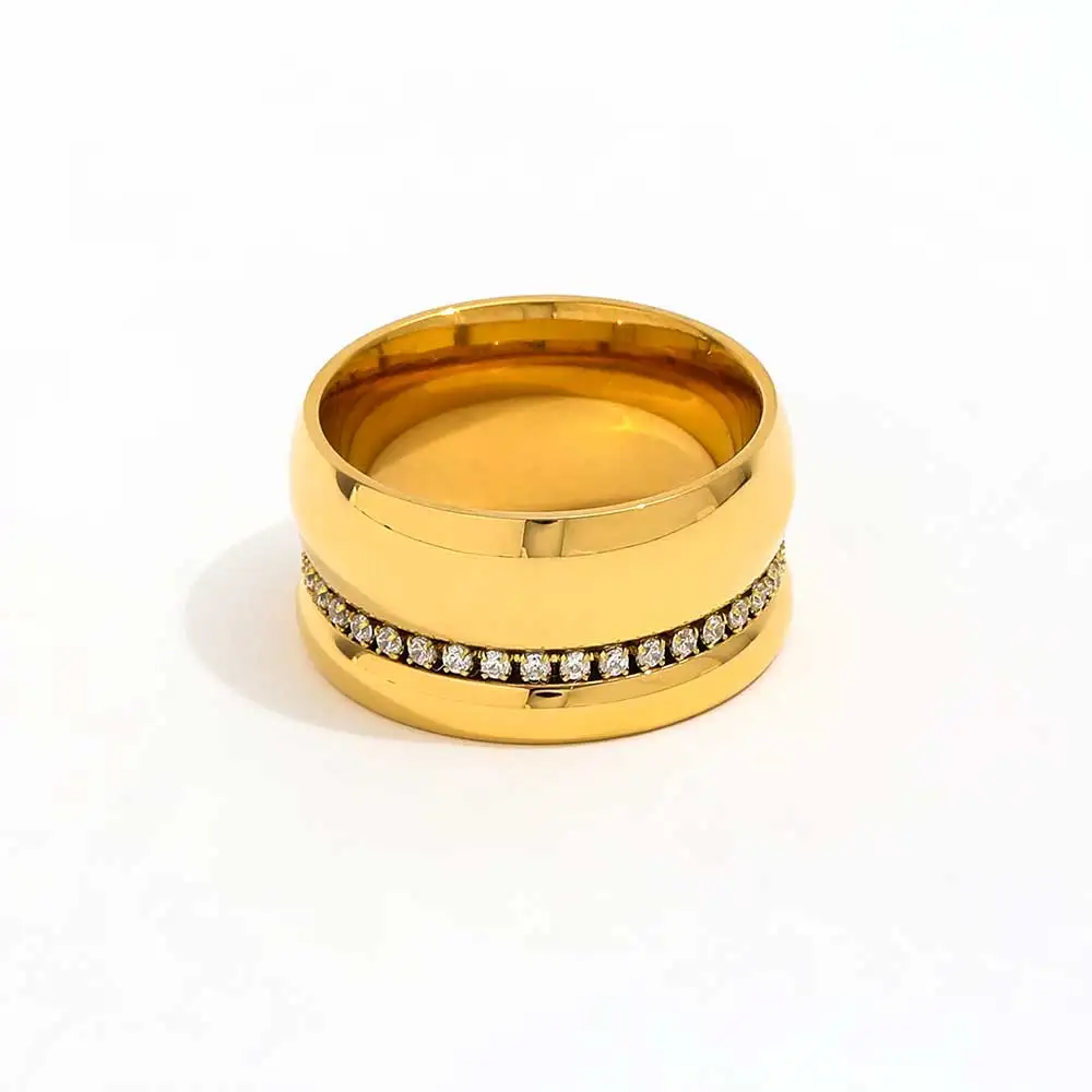 High End Women's 18K PVD Gold Plated Stainless Steel Ring Waterproof Zirconia Band with Cambered Surface Fashion Jewelry Gift