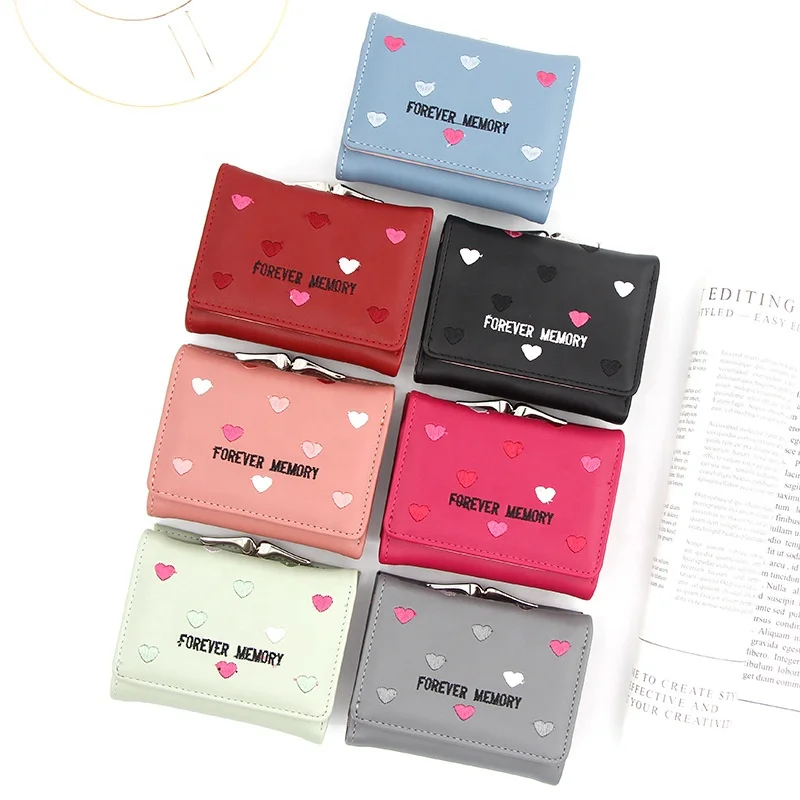 

New Arrival Heart Short Coin Purse Personalized Button Cute Embroidery Mini Clips Wallet For Women, 7 colors